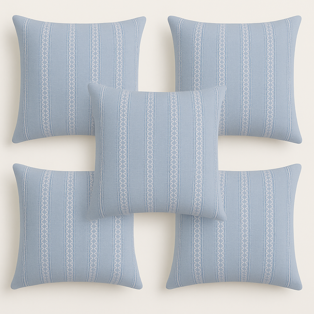 Set of 5 Elegant Sky Blue Embroidered Cushion Covers – Handwoven Look for Living Rooms (16x16)