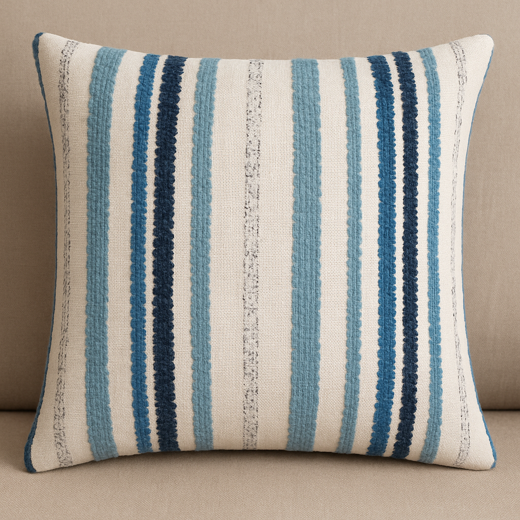 Embroidered Coastal Breeze Striped Cushion Cover – Blue & Ivory Elegance (Set of 5, 16x16)