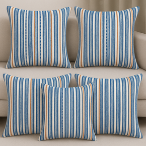 Embroided Striped Woven Decorative Cushion Blue, Beige 16X16 Inches & Ivory (Set of 5)