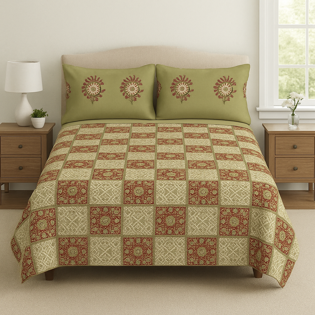 STELLAR  GEOMETRIC SUPER SOFT PRINTED COTTON LIGHT GREEN DOUBLE  BEDSHEET SET