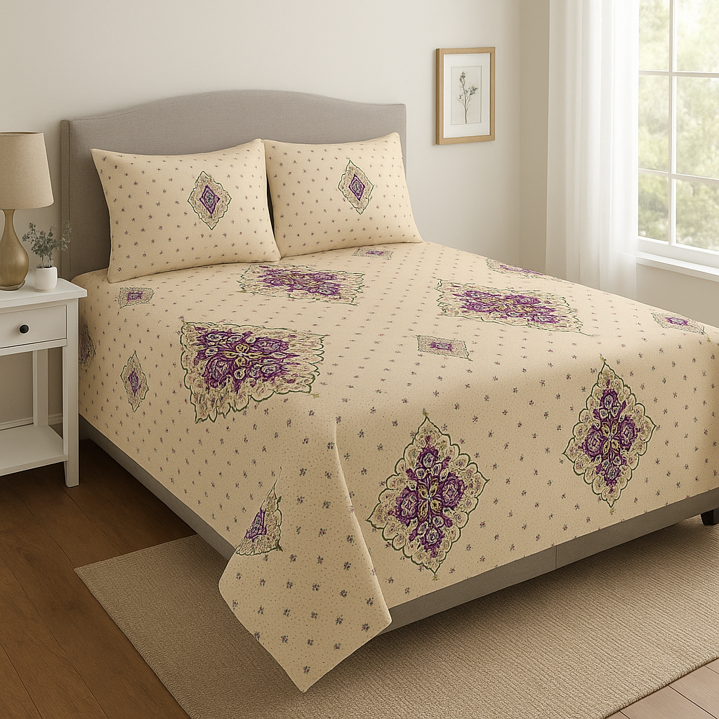 STELLAR DOUBLE BEDSHEET SUPER SOFT PRINTED COTTON LIGHT BROWN GEOMETRIC