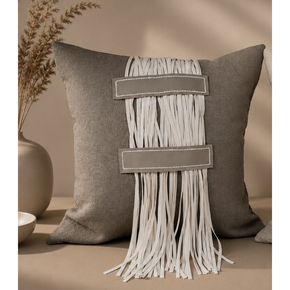 Fringe Band Cushion Cover 16x16 Inch – Ivory with Taupe Accents  JV110b