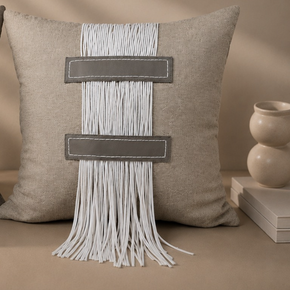 Fringe Band Cushion Cover 16x16 Inch – Ivory with Taupe Accents  JV110A
