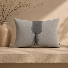 Modern Tassel Tab Cushion Cover 12x18 Inch – Soft Greige with Slate Grey Accent JV111A