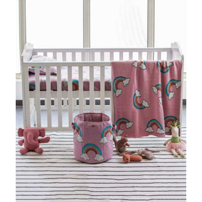 Rainbow Cot Sheet & Pillow Set for Babies Pink base, ivory silver lurex Med Aqua Blossom