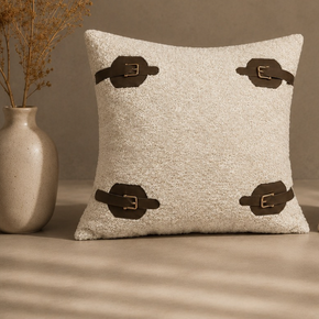 Modern Saddle Buckle Cushion Cover 16x16 Inch – Ivory with Dark Brown Buckle JV113A