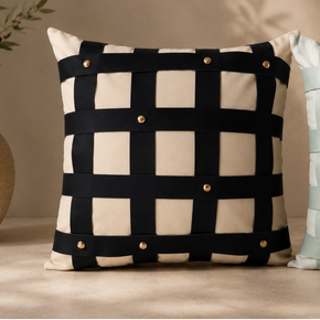 Modern Strap Grid Cushion Cover 16x16 Inch – Ivory White with Black Straps  JV114B