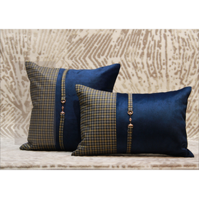 Hounds Tooth Pattern With Metal Attachment Flap Zip Blue Cushion Cover