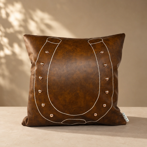 Horseshoe Accent Faux Leather Cushion Cover 16x16 Inch – Vintage Brown JV102