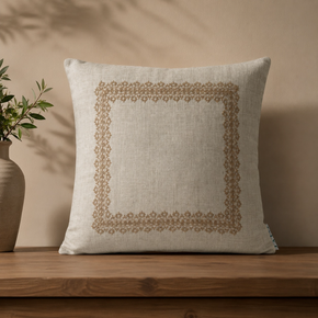 Timeless Gold Frame Cushion Cover – 16x16 Inch | Natural Beige & Soft Gold JV125