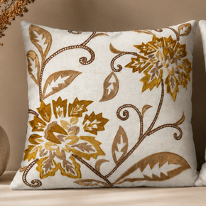 Warm Bloom Cushion Cover – 16x16 Inch Ivory Base, Gold, Mustard & Brown  JV129A