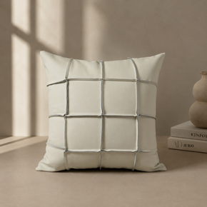 Modern Cheques Faux Leather Cushion Cover 16x16 Inch – Ivory with Grey Piping   JV103