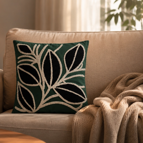 Modern Foliage Cushion Cover – 16x16 Inch| Forest Green & Ivory JV131A