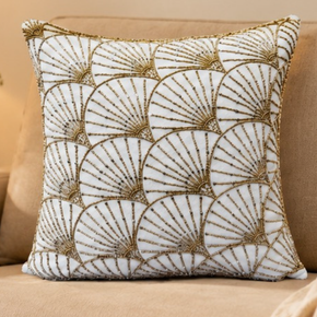 JV132 Imperial Fan Art Deco Hand-Beaded Premium Cotton Cushion Cover – Ivory & Antique Gold