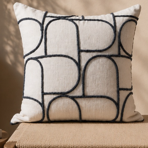 V135A Sculptural Cord Geometric Premium Linen Blend Cushion Cover – Ivory White & Charcoal Grey 16 x 16 Inch