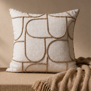 V135B Sculptural Cord Geometric Premium Linen Blend Cushion Cover – Ivory White & Charcoal Grey 16 x 16 Inch