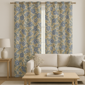 CINTHIA BLUE  POLYESTER LINEN VIS BLUE  BEIGE FLORAL CURTAIN  FABRIC