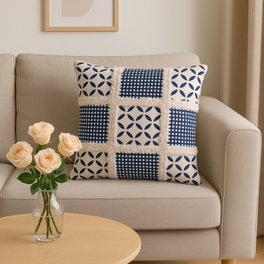 COTTON CHECK EMB BLUE  CUSHION COVER