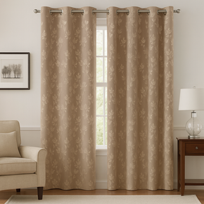 Ready-Made Elegant Floral Jacquard Eyelet Curtain – Beige Polyester Single Panel
