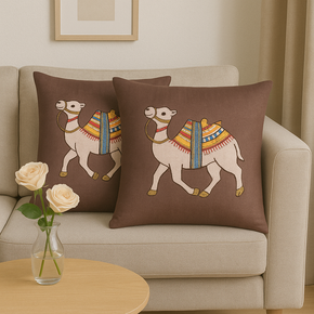 SWADE FEBRIC CAMEL PATCH WORK WITH EMBROIDERY CUSHION COVER