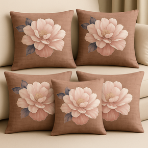 warm brown Peony Velvet Print Floral Foil Elegance Cushion Covers – Set of 5 (16x16 Inches)  Premium Soft Velvet with Designer Metallic Flower Prints