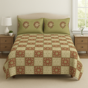 STELLAR  GEOMETRIC SUPER SOFT PRINTED COTTON LIGHT GREEN DOUBLE  BEDSHEET SET