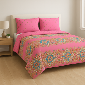 STELLAR SUPER SOFT COTTON PRINTED PINK GEOMETRIC DOUBLE  BEDSHEET